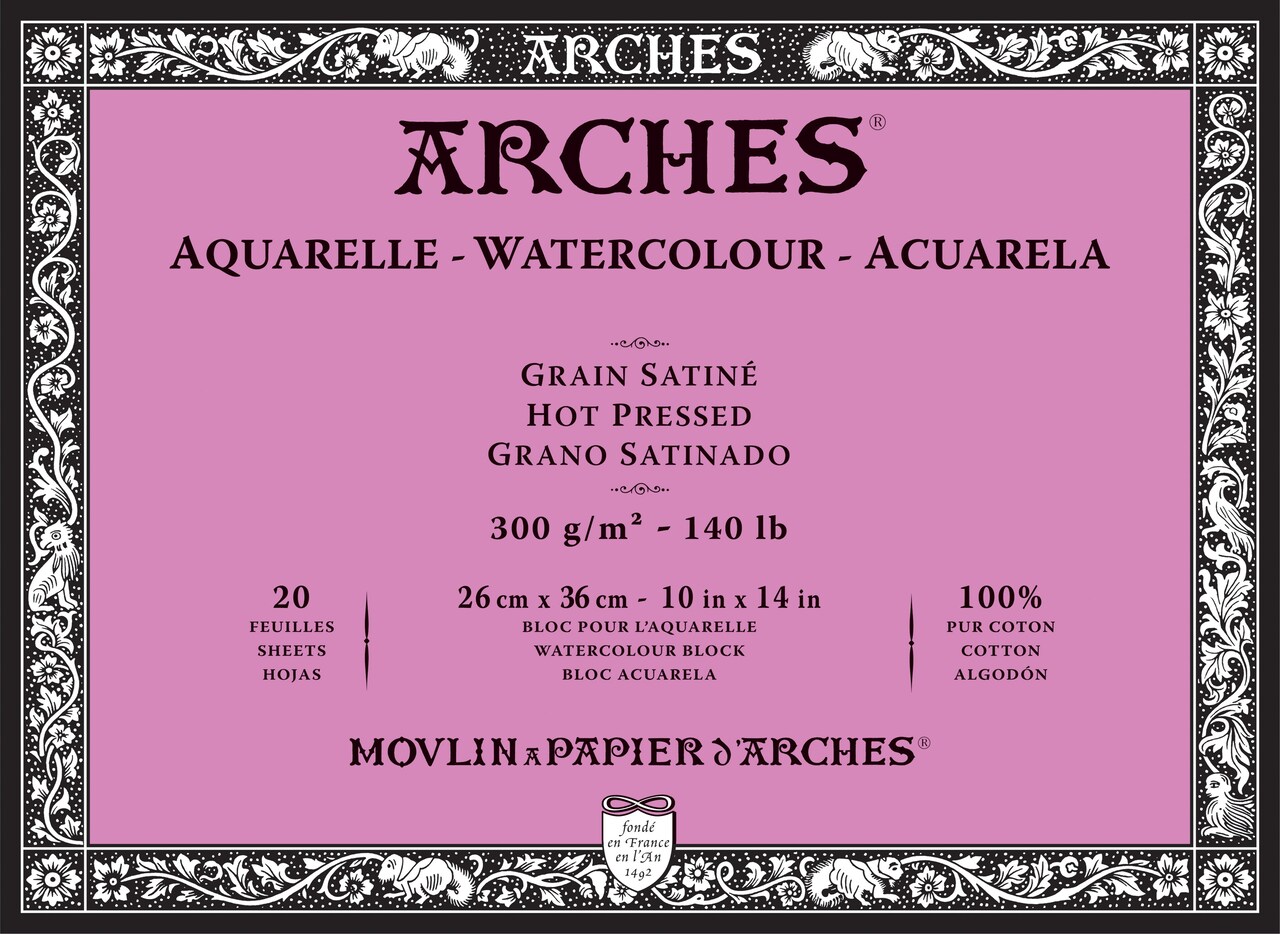 Arches Aquarelle Hot Pressed Watercolor Block 10"X14"- 140lb, 20 Sheets